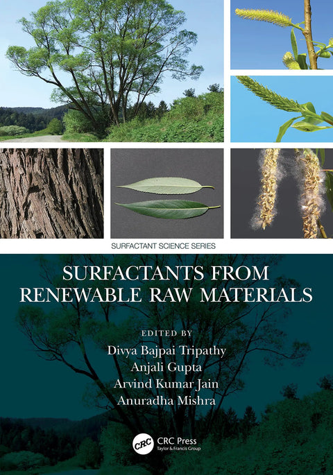Book cover for 'Surfactants From Renewable Raw Materials' showing trees, leaves, and natural textures.