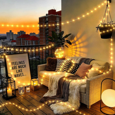 Cozy balcony at sunset with Camping String Lights 33Ft Long With 100 LEDs Rechargeable Outdoor Lights Waterproof USB Powered.