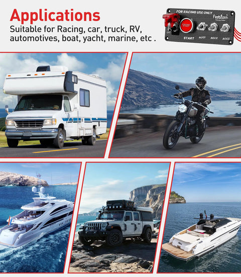 Image showing multiple vehicles including RV, yacht, bike, and car for 12V 5 In 1 Ignition Panel With Engine Push Button Start Toggle Switches Relay Wiring Harness And LED For RV Truck Race Car Boat Marine And Trailer Ultimate Push To Start Kit applications.