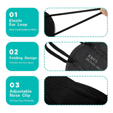 Features of KN95 Face Masks 100 Pack 5-Ply Breathable Cup Dust Disposable Masks with elastic ear loops and adjustable nose clip.
