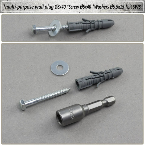 Heavy Duty Nylon Wall Anchor Kit With Collar Dowels 8x40mm, Bottom Screws 5x40mm, M5 Washers and Hex Socket shown together