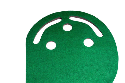 Top view of Three Hole Indoor Putting Mat For Home Golf Practice, 3 Foot By 9 Foot With Kidney Shaped Layout, Triple Cup Putt Training
