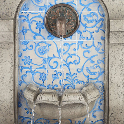 Close-up of 30 1/4 Inch High Outdoor Blue Faux Stone Floor Fountain With Freestanding Waterfall, Tiered Cascading Water Feature For Garden