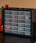 24 Drawer Plastic Storage Organizer Cabinet For Garage Tools Beads Crafts Balloons Building Bricks Stickers And Small Biz Supplies Durable Black Storage Organizer Made In USA For Easy Centralized Tidying on workbench