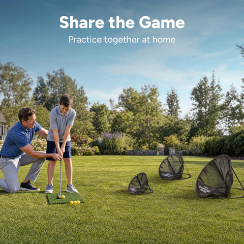 Father and son using Chipster Range PRO Golf Chipping Nets Portable Indoor Outdoor Practice Targets With Hitting Mat And 4 Foam Balls