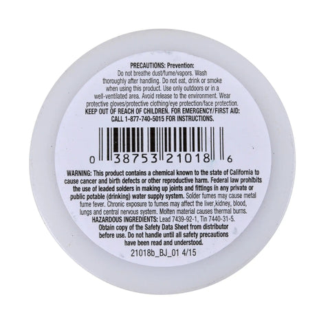 Warning label on the 40/60 Tin Lead Wire Solder, 0.125 Inch Gauge, 1 Lb Spool container, showing safety precautions and barcode.