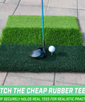 Tri Turf XL Golf Hitting Mat 24x24 Inches with club and ball on fairway, rough, teeing turf layers in backyard setup
