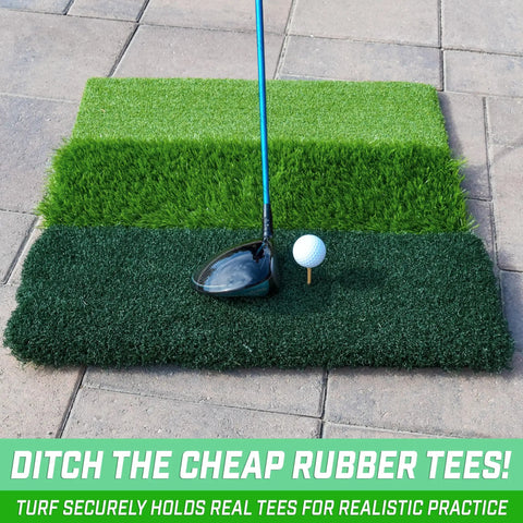 Tri Turf XL Golf Hitting Mat 24x24 Inches with club and ball on fairway, rough, teeing turf layers in backyard setup