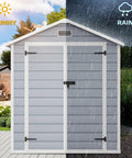 Sturdy 6x4.4 Ft Outdoor Resin Storage Shed With Reinforced Floor Lockable Door Window And Vent All Weather Bike And Tool Storage For Garden Backyard Patio And Lawn in sun and rain conditions.