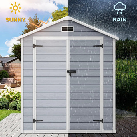 Sturdy 6x4.4 Ft Outdoor Resin Storage Shed With Reinforced Floor Lockable Door Window And Vent All Weather Bike And Tool Storage For Garden Backyard Patio And Lawn in sun and rain conditions.