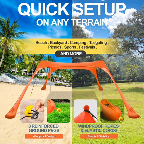 Grab And Go Pop Up Beach Tent 10 By 10 Ft Shade Sun Shelter UPF 50 Plus Windproof Waterproof Canopy setup on beach with accessories