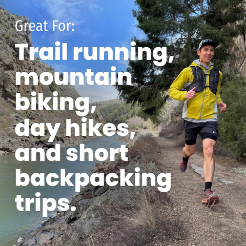 Person trail running on path by river, promoting Ultra Lite Outdoor Bathroom Kit for Hiking, Trail Running, Mountain Biking, and Bikepacking.