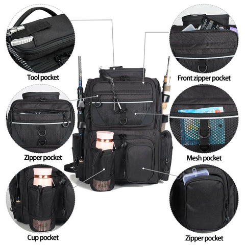 Fishing Tackle Backpack With Rod Holders 40L Large Gear Pack featuring tool, cup, and mesh pockets for easy access and organization.