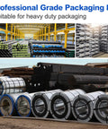 Pro Grade 3 In 1 Steel Banding Strapping Kit With Rock Solid Tensioner And No Fuss Metal Sealer Crimper For 3/8 To 3/4 Inch High Tensile Pallet Packaging And Shipping Jobs, heavy duty metal coils and strapping in a warehouse setting.