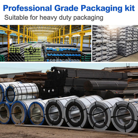 Pro Grade 3 In 1 Steel Banding Strapping Kit With Rock Solid Tensioner And No Fuss Metal Sealer Crimper For 3/8 To 3/4 Inch High Tensile Pallet Packaging And Shipping Jobs, heavy duty metal coils and strapping in a warehouse setting.
