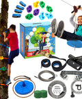Backyard Zip Line Kit For Kids And Adults With 100 120 150 200 Ft Lengths shown with accessories and children playing.