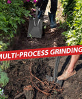 Person digging in a garden with Pro Grade Spade Shovel With Sawtooth Blade For Digging Planting And Edging In The Garden.