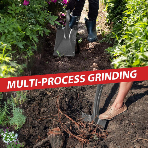 Person digging in a garden with Pro Grade Spade Shovel With Sawtooth Blade For Digging Planting And Edging In The Garden.