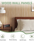 No Sweat Peel And Stick Faux Wood Slats Self Adhesive Wall Panels Light Oak Finish in a bedroom setting with soft PE foam.
