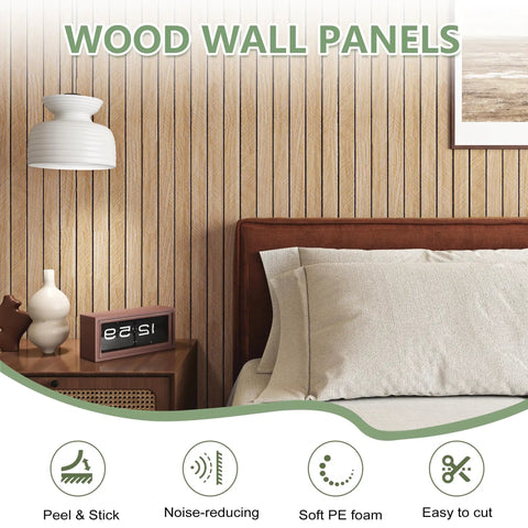 No Sweat Peel And Stick Faux Wood Slats Self Adhesive Wall Panels Light Oak Finish in a bedroom setting with soft PE foam.