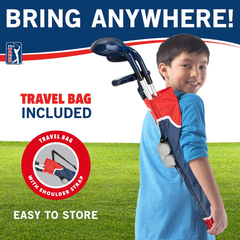 Child carrying a Totally Kid Friendly Beginner Golf Set With Adjustable Length Plastic Clubs Bag And Balls Learn To Play Youth Golf Toy For Boys And Girls PGA Style Plastic Golf Set In Red And Blue.