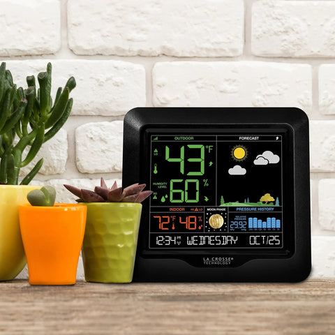 Color Forecast Station With Big Display And Temperature Humidity Alerts, Seasonal Scene Backgrounds, Indoor Outdoor Monitoring on table