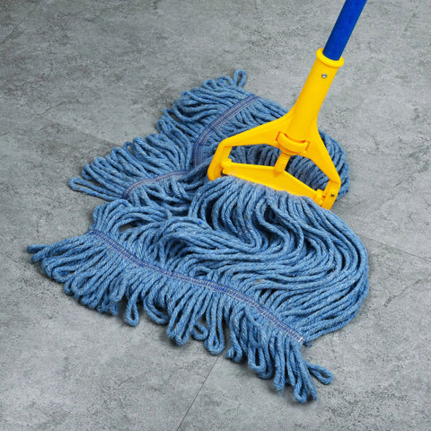 Beefy Heavy Duty Mop Head Replacement in blue cotton looped end strings attached to handle, shown on tile floor