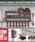 Garage Ready Heavy Duty Power Tool Organizer With Built In Eight Outlet Surge Protected Charging Station And Wall Mount Drill Holder displayed on pegboard with tools.