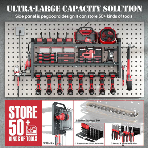 Garage Ready Heavy Duty Power Tool Organizer With Built In Eight Outlet Surge Protected Charging Station And Wall Mount Drill Holder displayed on pegboard with tools.