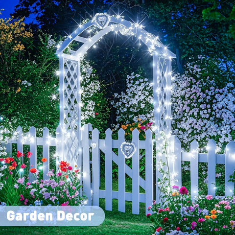 Two Pack Of 33 Feet Solar String Lights With 100 LEDs Each on garden arch, 8 modes, white warm glow, outdoor decor.