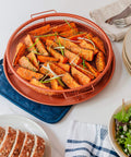 Crisper Basket And Tray Set For Oven And Air Fryer 2 Piece Copper Finish Large Mesh Design For 360 Degree Airflow with roasted vegetables