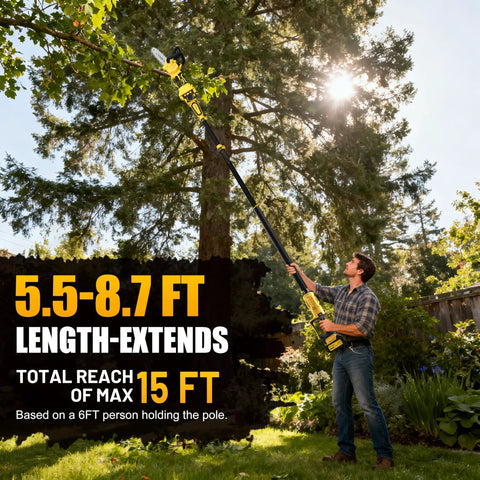 Person using Versatile 4 In 1 Cordless Pole Saw And Mini Chainsaw with 8 Inch and 10 Inch Bar, reaching 15 feet for tree trimming.