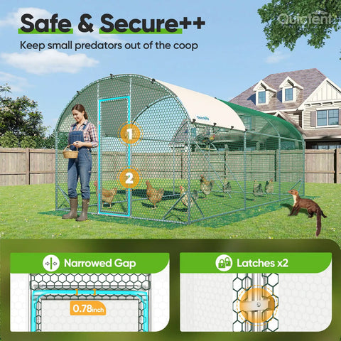Essential Series 18x9x6.6ft Metal Chicken Coop Run With Climbing Ladder Walk In Outdoor Poultry Cage, shown with woman and chickens.