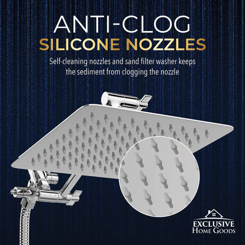 10 Inch Dual Square Rain Shower Head With Handheld Wand And 71 Inch Hose Set showing anti-clog silicone nozzles