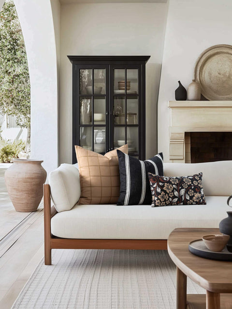 Cozy living room with sofa featuring Modern Farmhouse Fall Linen Throw Pillow Cover 20x20 In Outdoor Indoor Water Repellent Reversible Black