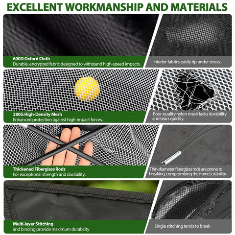 Materials and features of the 10x7 Foot Practice Golf Net Kit With Tri Turf Mat Balls Tee Carry Bag And All In One Training Aid.