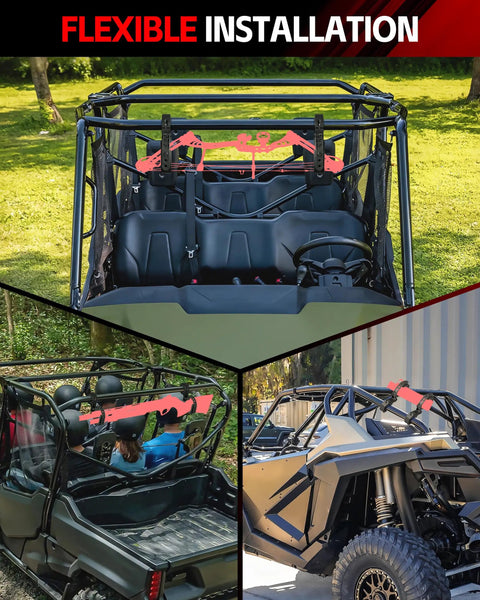 Adjustable 2 Pack Utv Gun Rack With Slick Protective Foam Mount For 1 To 2 Inch Roll Cage shown installed on side by side vehicle.