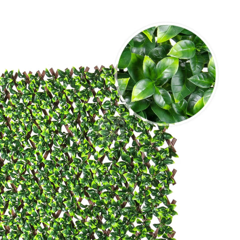 20 By 50 Inch Artificial Privacy Grass Wall Decor With Ficus Leaves And Faux Trellis Expandable Lattice Panels close-up view