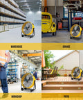 24 Inch Metal Drum Fan With High Velocity Airflow Up To 7700 CFM in warehouse, garage, workshop, and patio settings