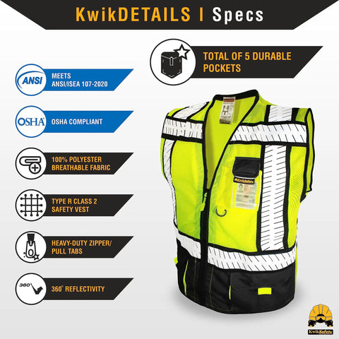 Two Pack High Visibility Safety Vest With Five Pocket Multi Use Design Class 2 ANSI OSHA Reflective Breathable Mesh Heavy Duty