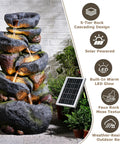 5 Tier Rock Solar Water Fountain Outdoor Garden With LED Lights 36 Inch Tall Cascading Water Feature, natural stone look