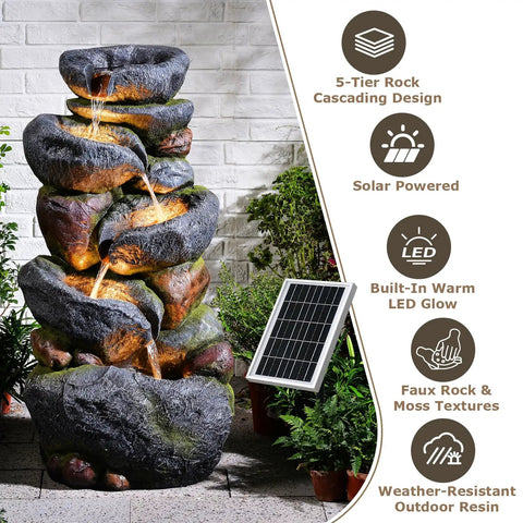 5 Tier Rock Solar Water Fountain Outdoor Garden With LED Lights 36 Inch Tall Cascading Water Feature, natural stone look