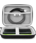 Open Travel Electronics Organizer Hard Shell Case showing interior mesh pocket with USB cable and compartment for power bank