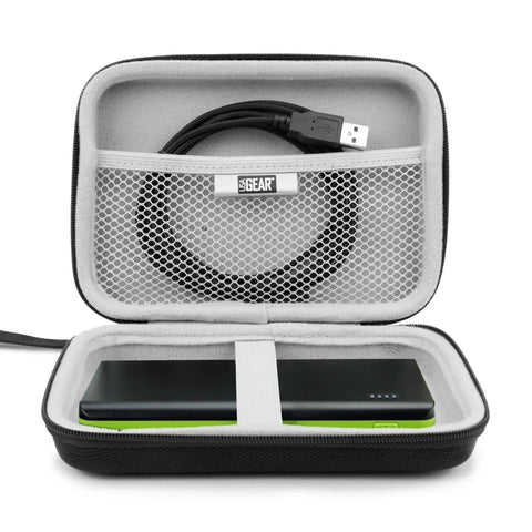 Open Travel Electronics Organizer Hard Shell Case showing interior mesh pocket with USB cable and compartment for power bank