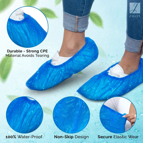 Disposable No Slip Shoe Covers Indoors Blue CPE Waterproof One Size Fits Most 100 Pack 50 Pairs Premium Quality Lightweight Booties Shoes Guard Protection