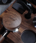 Walnut 58.35mm Espresso Distribution Tool, Adjustable Depth, Stainless Steel Leveler For 58mm Portafilters on wooden stand