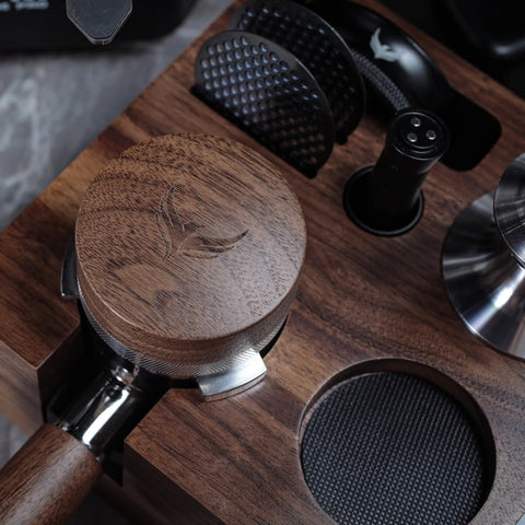 Walnut 58.35mm Espresso Distribution Tool, Adjustable Depth, Stainless Steel Leveler For 58mm Portafilters on wooden stand