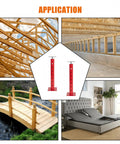 Image showing uses of 2 Pack Adjustable Basement Floor Jack For 18 To 36 Inch Height Range, Floor Joist Screw Jack For Temporary Support And Leveling, Heavy Duty Floor Jack Supports 5,570 To 8,800 Lbs in various settings like a bridge, construction site, house foundation, and adjustable bed.