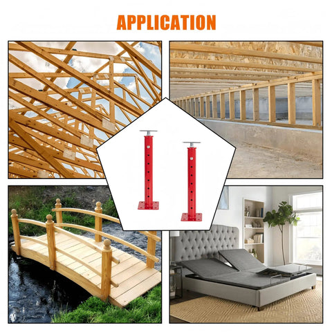 Image showing uses of 2 Pack Adjustable Basement Floor Jack For 18 To 36 Inch Height Range, Floor Joist Screw Jack For Temporary Support And Leveling, Heavy Duty Floor Jack Supports 5,570 To 8,800 Lbs in various settings like a bridge, construction site, house foundation, and adjustable bed.