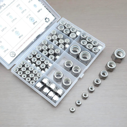 130-Piece SAE Lock Nut Set Stainless Steel 304 A2-70 Includes 6-32 8-32 10-24 10-32 1/4-20 5/16-18 3/8-16 1/2-13 Lock Nuts